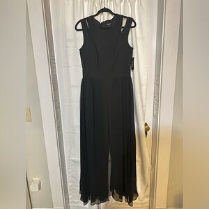 SLNY dressy black jumpsuit with chiffon overlay